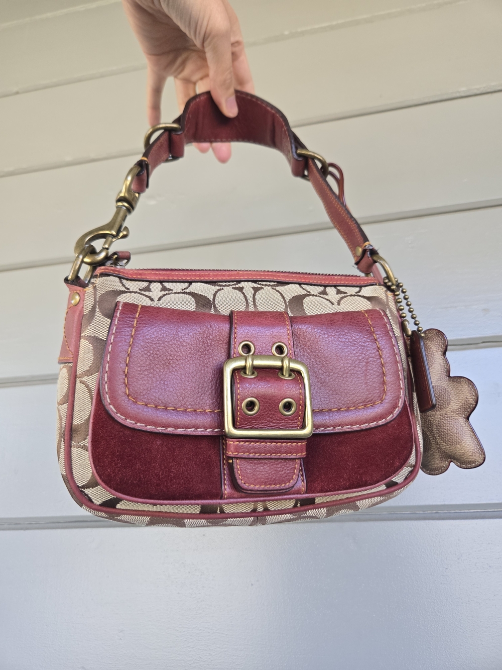 Coach Signature Canvas and Burgundy Leather Shoulder Bag